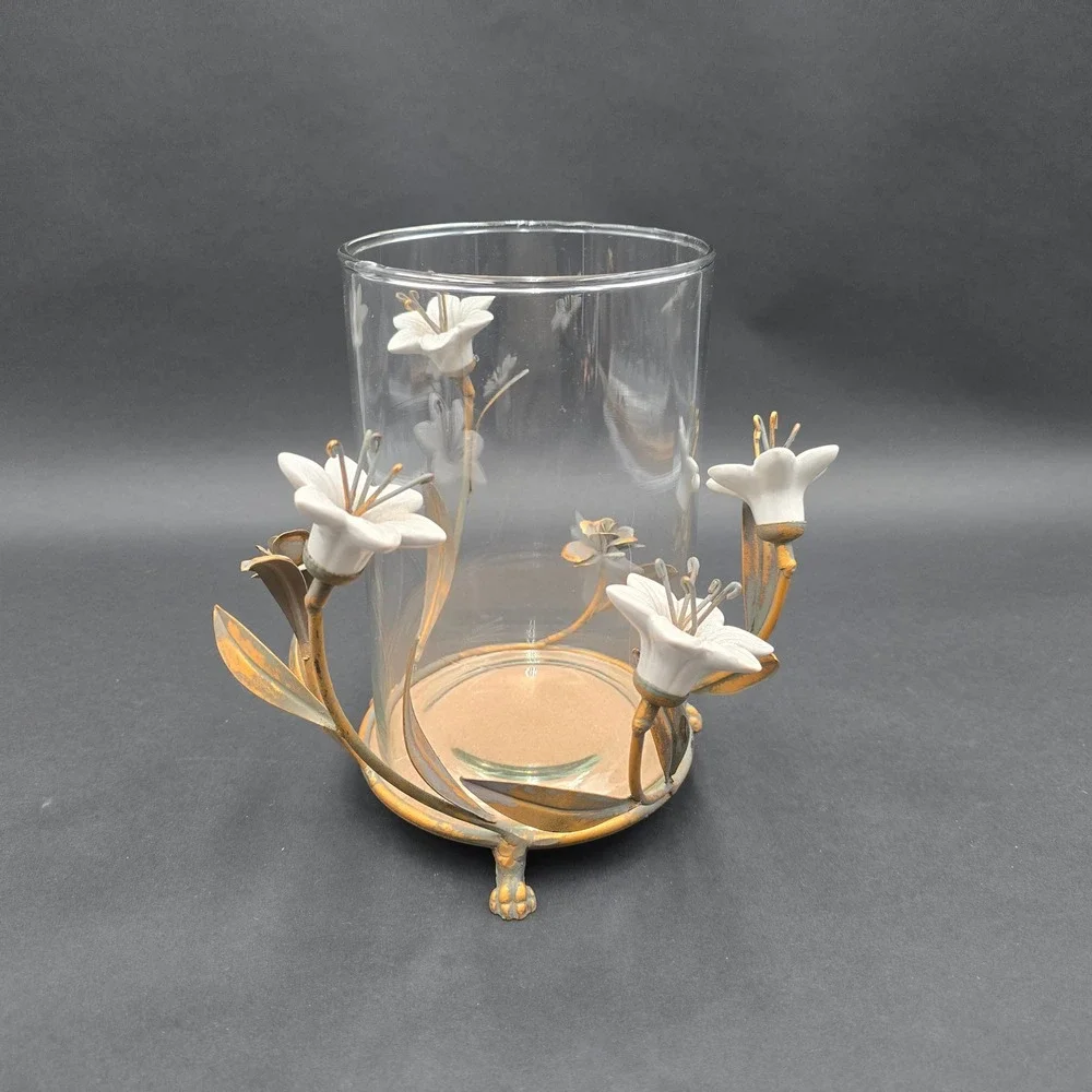 Vintage Ceramic Lily Floral Glass Vase Candle Holder Metal Base Centerpiece